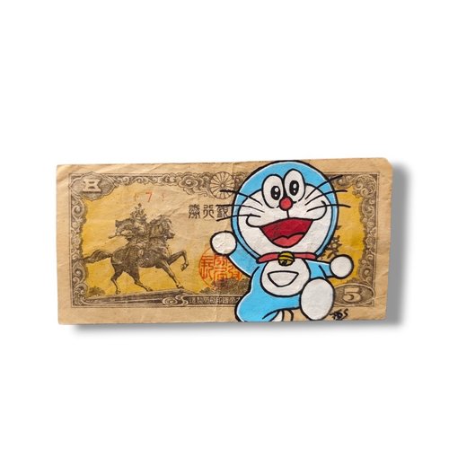 Peinture sur billet japonais ancien - doraemon pop art (pièce unique)