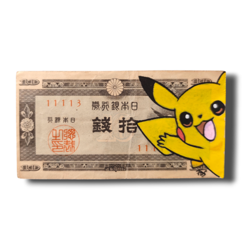 Peinture originale pikachu sur billet de banque japonais ancien - pop art / geek