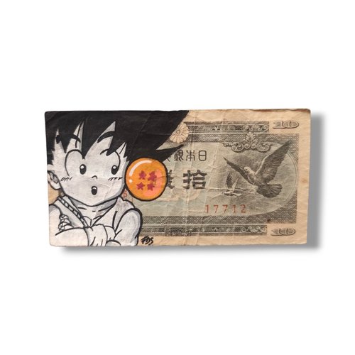Peinture originale "goku" réalisée à la main sur billet japonais vintage