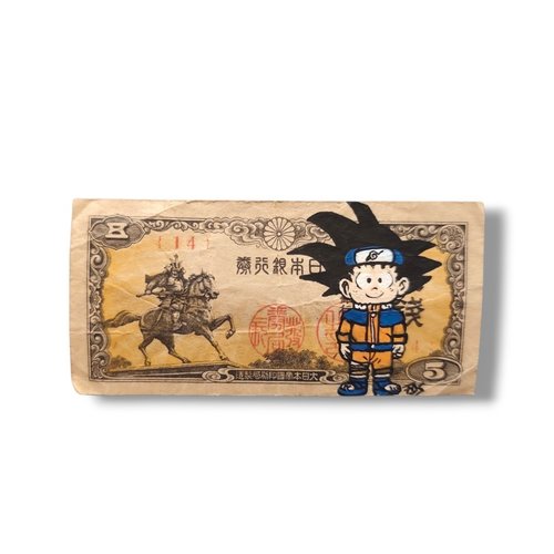 Peinture pop art originale sur billet japonais – goku costume naruto (money art fait main)