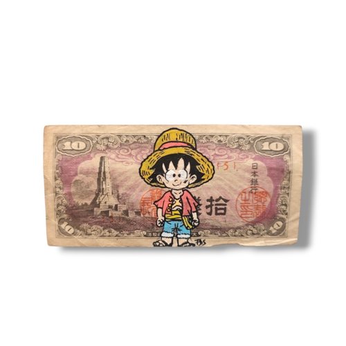 Peinture originale fait main "saiyan pirate" - goku en luffy sur vrai billet japonais