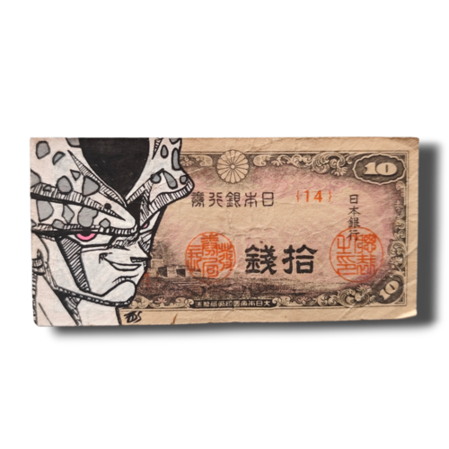 Dessin original pop art "cell" peinte sur authentique billet japonais par captain custom