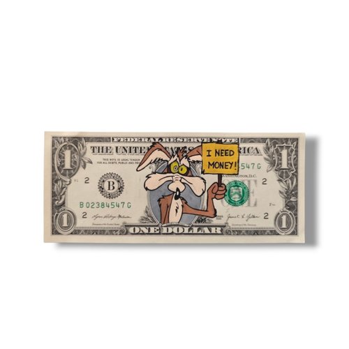 Tableau pop art original vil coyote "i need money" peint sur billet de 1 dollar américain - création fait main