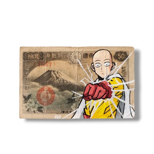 Tableau pop art saitama (one punch man) - peinture originale sur vrai billet japonais