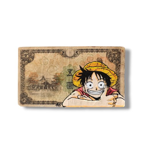 Peinture originale monkey d. luffy one piece sur billet de banque japonais vintage