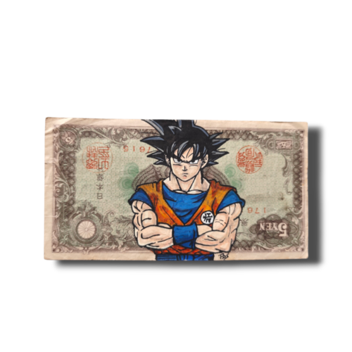 Illustration originale goku dbz sur authentique billet de banque japonais (money art)