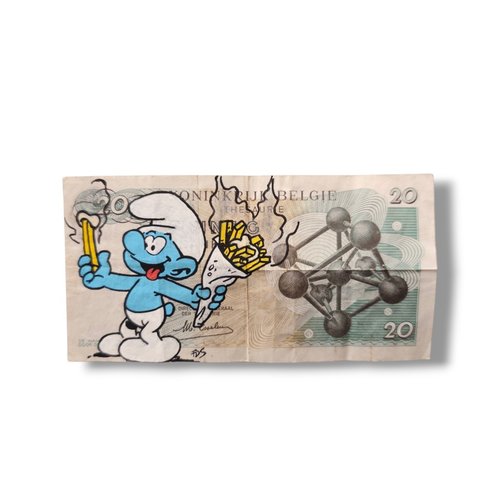 Dessin original pop art - schtroumpf & frites sur billet belge vintage