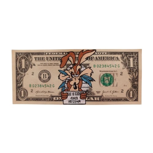 Œuvre faite main "the end" - wile e. coyote peint sur billet de 1 dollar us pop art