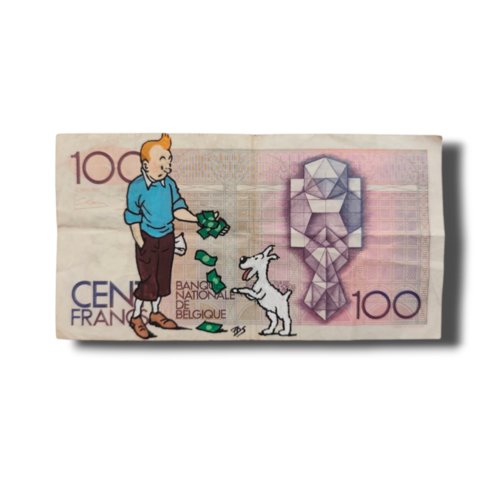 Illustration pop art originale tintin & milou sur véritable billet de 100 francs belges