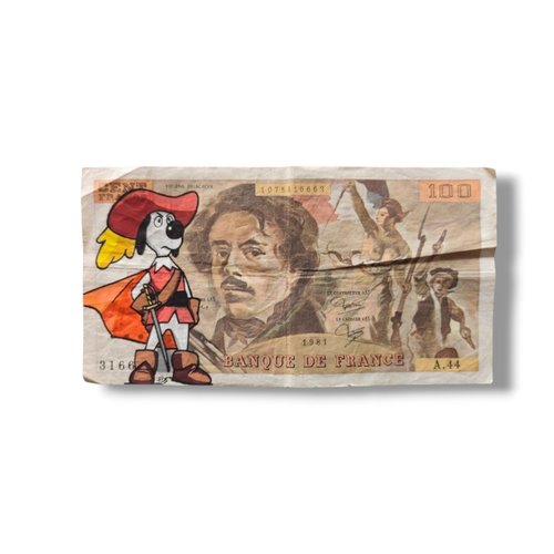 Dessin original pop art d'artagnan sur véritable billet de 100 francs delacroix