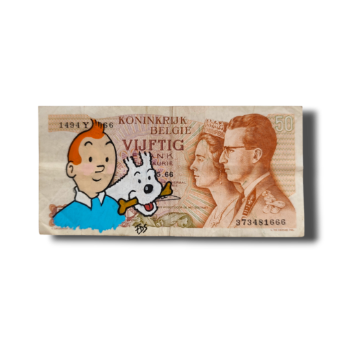 Tintin & milou sur billet belge – œuvre originale peinte à la main