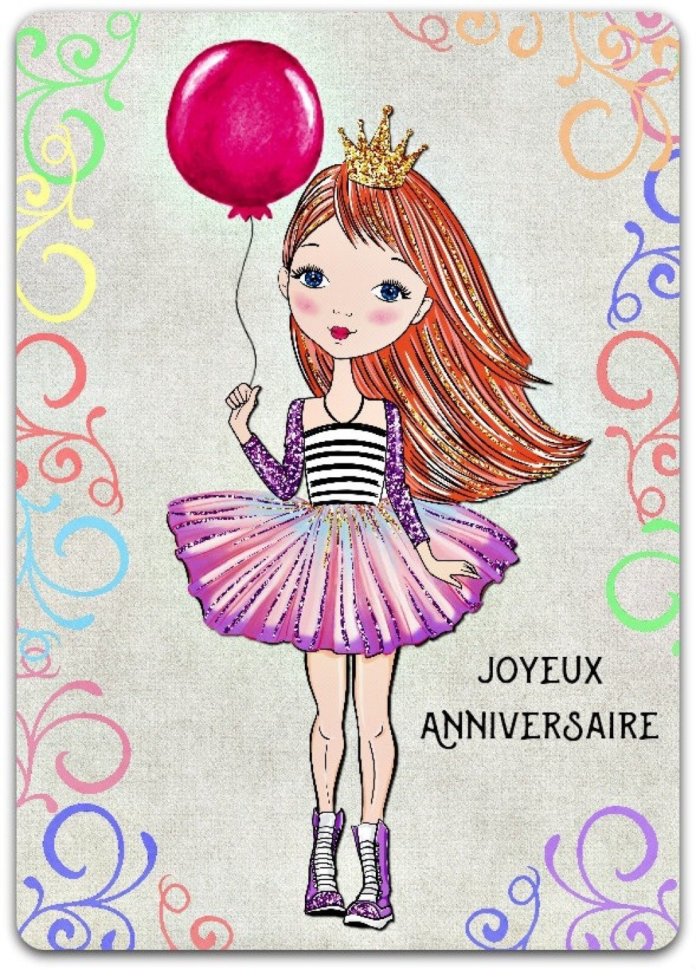 Carte de voeux joyeux anniversaire  ballon princesse  fille  
