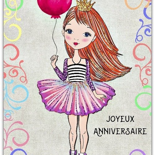 Carte de voeux joyeux anniversaire ballon princesse fille 12.5cm x 17.5cm 