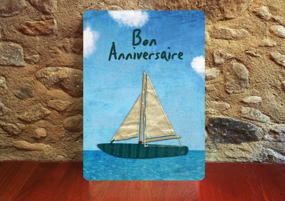 Carte Bateau Boat La Mer Sea Bon Anniversaire Faite Main 17cm X 12cm Un Grand Marche