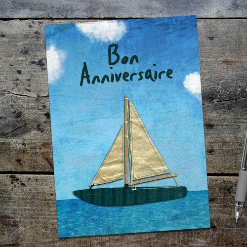 Carte Bateau Boat La Mer Sea Bon Anniversaire Faite Main 17cm X 12cm Un Grand Marche