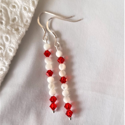 Boucles d'oreilles argent 925 perles swarovski rouges et nacre naturelle