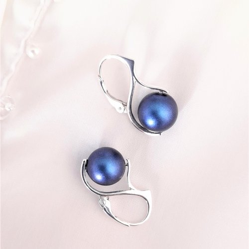 Boucles d'oreilles en argent 925 massif et perle swarovski bleu cobalt