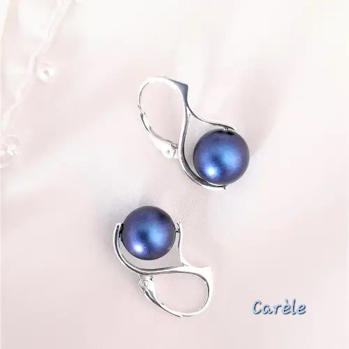 Boucles d'oreilles en argent 925 massif et perle swarovski bleue