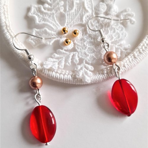 Boucles d'oreilles argent, rose gold et rouge