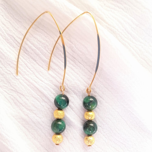 Boucles d'oreilles dorées, perles en véritable oeil-de-tigre vert