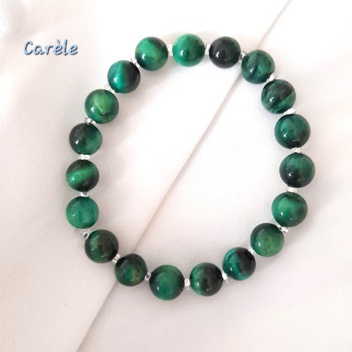 Bracelet en perles naturelles oeil-de-tigre vert et cristaux