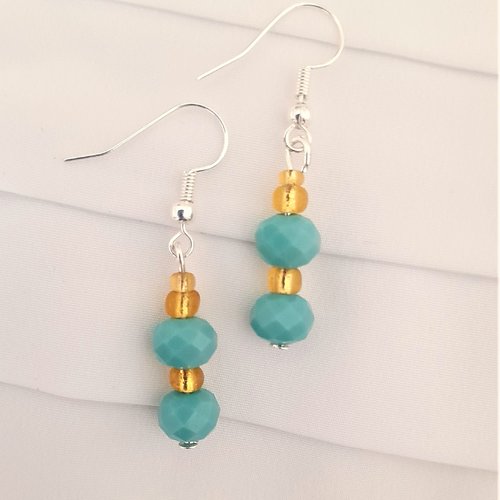 Boucles d'oreilles perles de verre couleur or et turquoise