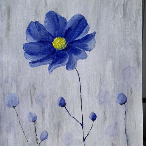 Fleur bleue au coeur jaune - peinture acrylique
