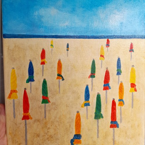 Vers la mer entre les parasols - toile peinte à la main