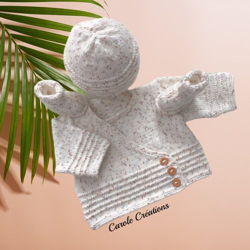 Ensemble brassière gilet + bonnet + chaussons, bébé taille 0/3 mois, laine layette bébé, écru moucheté rou