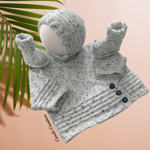 Ensemble bébé brassière gilet + bonnet + chaussons, taille 0/3 mois, laine layette douce et chaude, blanc moucheté bleu