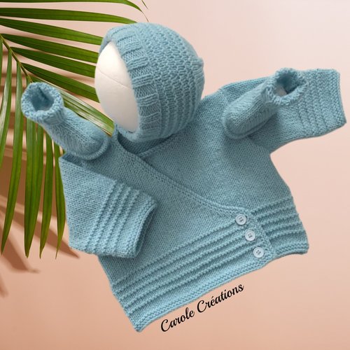 Brassière + bonnet + chaussons bébé taille 3/6 mois, laine layette douce et chaude, bleu clair azur