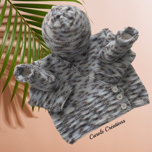 Brassière + bonnet + chaussons en laine layette douce et chaude, taille 2/3 mois, dégradé de gris bleu