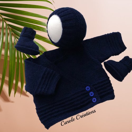 Brassière en laine bébé + bonnet + chaussons, laine layette douce et chaude, taille naissance à 3 mois, bleu marine