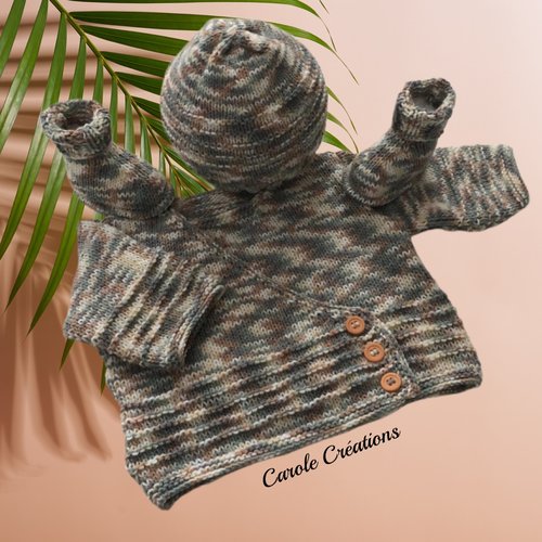 Brassière en laine layette bébé + bonnet + chaussons, taille naissance à 3 mois laine douce et chaude, écru rouille vert gris beige
