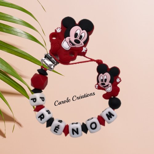 Attache tétine personnalisé en silicone (lettre prénom, clip et motif, perle ronde et lentille) mickey happy, rouge et noir