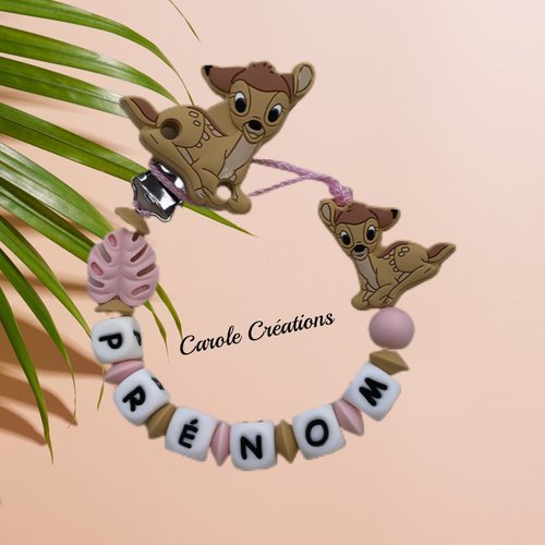 Attache tétine personnalisé bambi fille avec feuille savane rose, attache sucette, cadeau naissance anniversaire