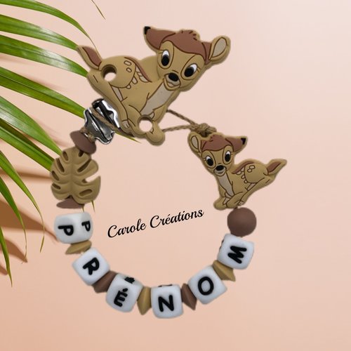 Attache tétine personnalisée modèle bambi + feuille savane, modèle mixte garçon fille