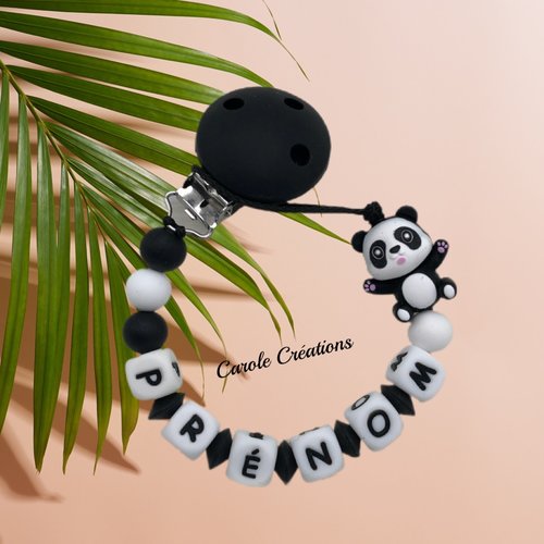 Attache tétine personnalisé en silicone modèle panda 3d pour garçon ou fille coloris noir et blanc