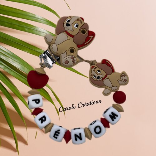 Attache sucette personnalisée silicone belle coloris beige et rouge - cadeau personnalisé pour bébé - attache tétine avec prénom