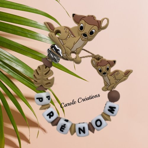 Attache tétine personnalisée modèle bambi + feuille savane, modèle mixte garçon fille
