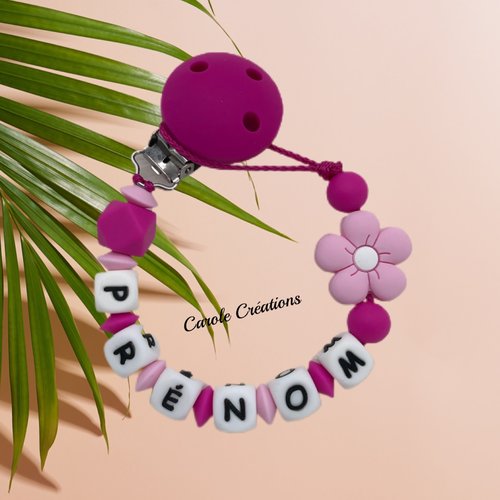 Attache tétine personnalisé entièrement en silicone, modèle fille marguerite, coloris rose pastel et rose fuchsia