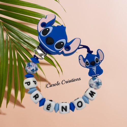 Attache tétine personnalisé en silicone modèle stitch avec perles imprimées, coloris bleu