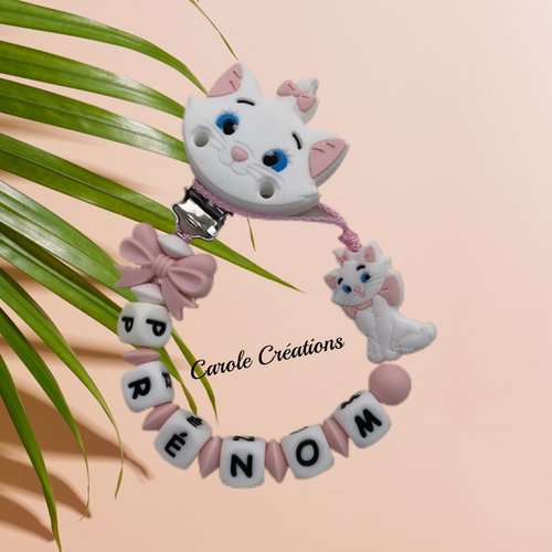 Attache tétine personnalisé en silicone, modèle marie avec nœud, coloris blanc et rose pastel