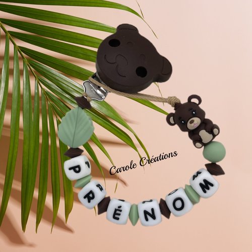 Attache tétine personnalisé en silicone, modèle ourson marron foncé et feuille savane vert kaki clair