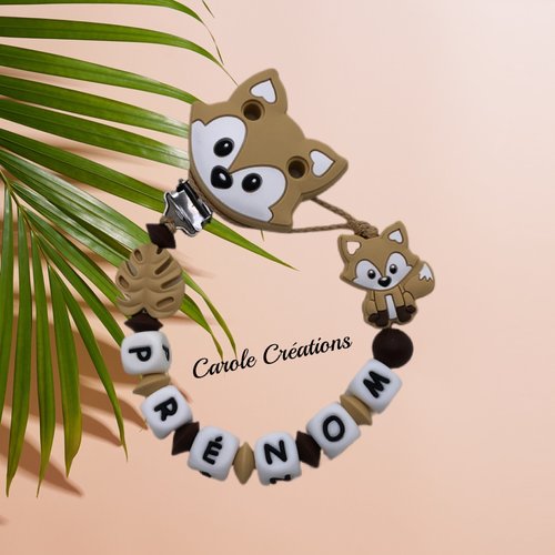 Attache tétine personnalisé en silicone modèle renard + feuille savane, coloris beige naturel et marron foncé