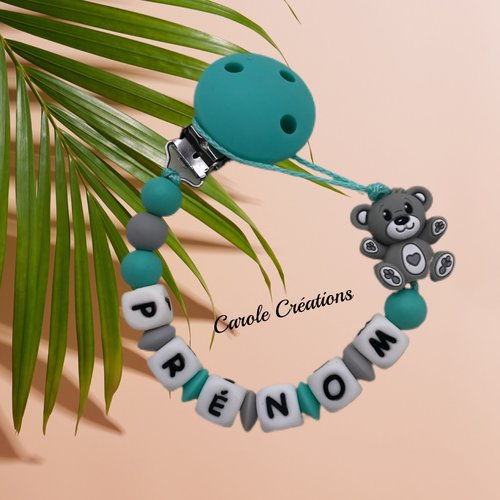 Attache tétine personnalisé en silicone modèle ourson 3d coloris gris clair et vert turquoise