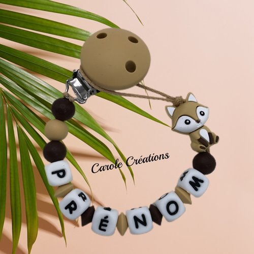 Attache tétine personnalisé en silicone modèle renard 3d, coloris beige moyen et marron foncé