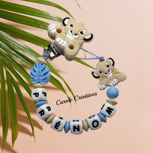 Attache tétine personnalisé en silicone, modèle simba le roi lion, coloris beige clair et bleu clair