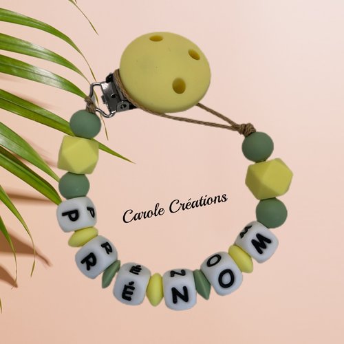 Attache tétine personnalisée en silicone, modèle forme hexagone, garçon et fille, jaune pastel et vert kaki clair