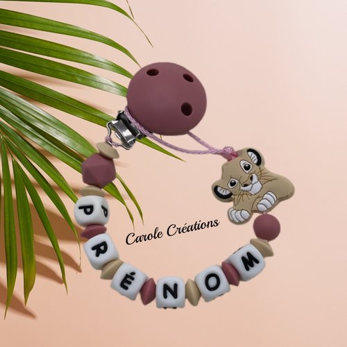 Attache tétine personnalisée en silicone modèle simba fille, beige et rose blush
